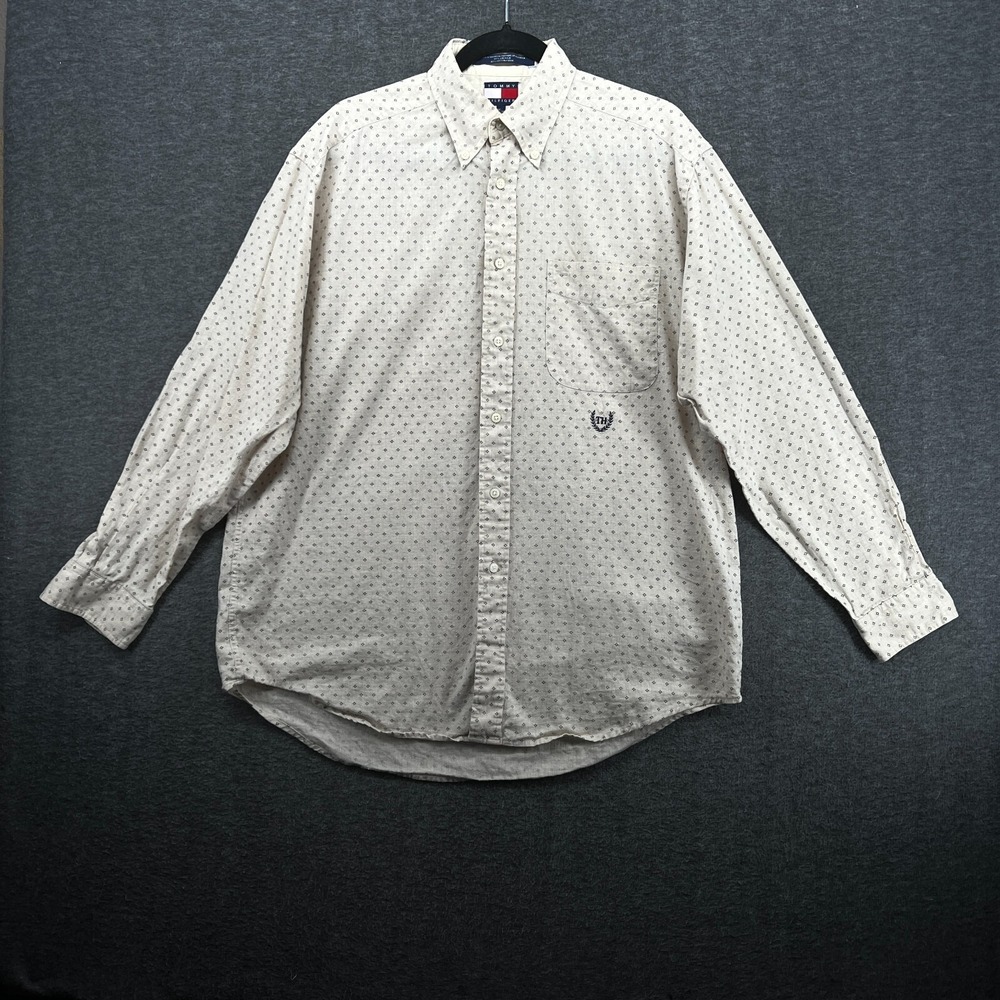 Vtg Tommy Hilfiger Shirt Mens M Tan Blue Linen Micro Print Coastal Y2K Prep Luxe